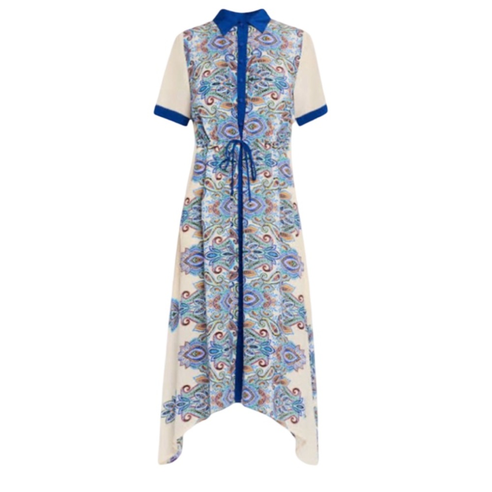 Johnny Was Cream and Blue High-Low Button-Front Midi Dress Size Small - Picture 2 of 16